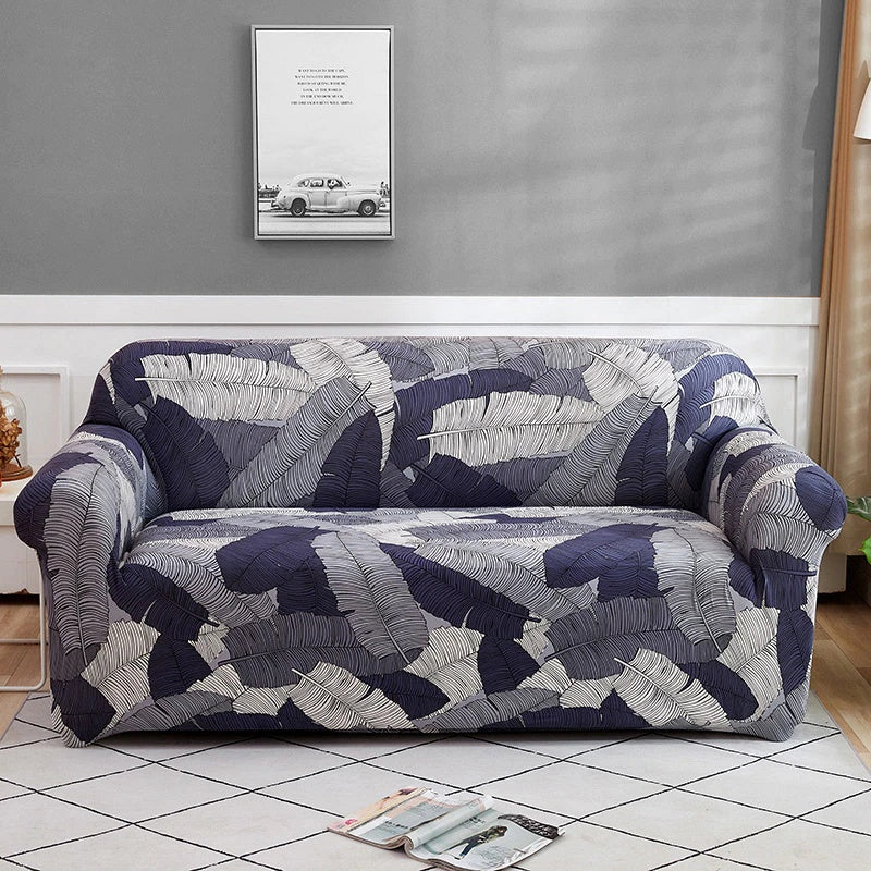 Blue & Gray Palm Leaf Fitted Sofa Cover