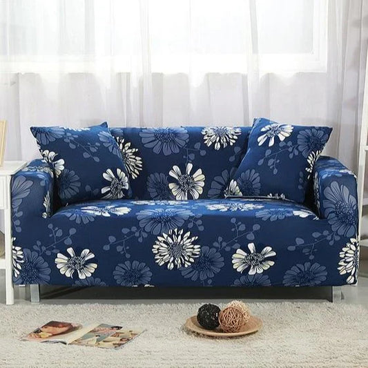 Blue & White Floral Daisy Fitted Sofa Cover