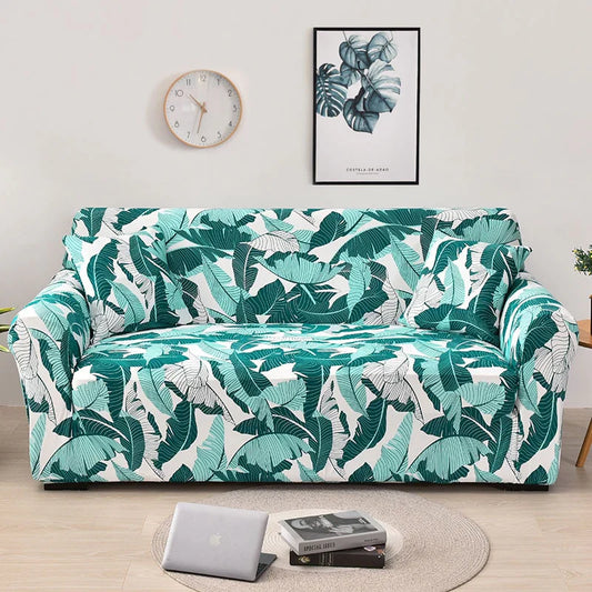 Green & White Tropical Leaf Fitted Sofa Cover