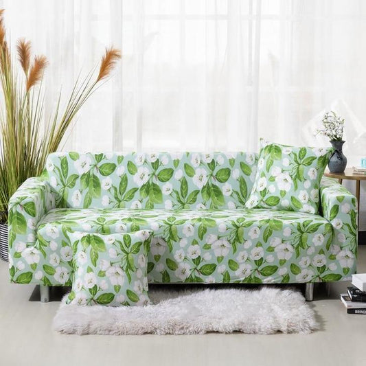 White Floral Fitted Sofa Cover